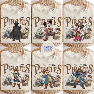 May include: Cream-colored t-shirts with various cartoon pirate designs. Each shirt features the word "Pirates" in brown lettering above a pirate ship, treasure chest, and character illustration. Characters include Darth Vader, Mickey Mouse, Minnie Mouse, Buzz Lightyear, Winnie the Pooh, and Stitch.