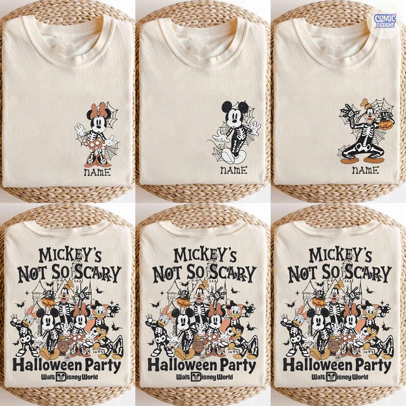 Puede incluir: Camisetas de color crema con dise&ntilde;os de personajes de Disney con tem&aacute;tica de Halloween. Las camisetas muestran a Mickey y Minnie Mouse con disfraces de esqueleto, y el texto "NAME". Otras camisetas tienen un grupo de personajes con el texto "Mickey's Not So Scary Halloween Party".