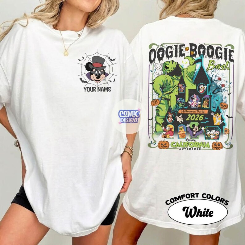 May include: White t-shirt featuring a Mickey Mouse design in a spiderweb with the text "YOUR NAME" on the front. The back of the shirt has a Halloween-themed graphic with the text "OOGIE BOOGIE Bash" and "Halloween Party 2026".
