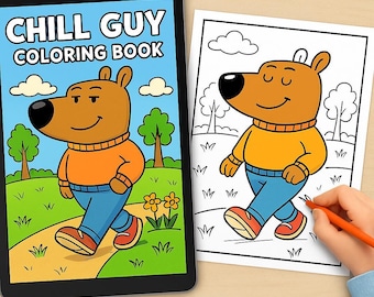 May include: A digital colouring book featuring a cartoon bear wearing a yellow jumper and blue jeans. The title of the book is "Chill Guy Colouring Book".