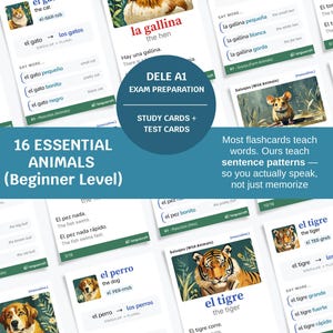 May include: Flashcards for DELE A1 exam preparation. The cards feature 16 essential animals for beginner learners. Each card displays the animal's name in Spanish and English, with example sentences. The cards are designed to teach sentence patterns.