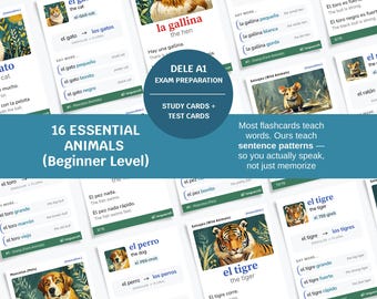 DELE A1 Spanisch Karteikarten - Tiere | Anfängerwortschatz mit Beispielsätzen | Druckbares PDF