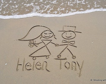 Stick People written in REAL beach sand, personalized photograph, sand writing, .jpeg download U Go PRiNT, wedding bride groom names