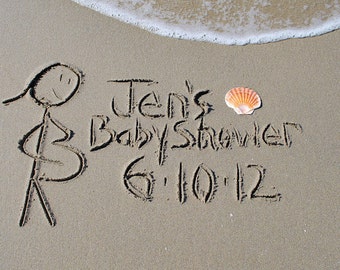 BABY SHOWER - Pregnant Stick People written in the ReaL beach sand, sand writing, personalized .jpeg Download Printable DIY, beach writing