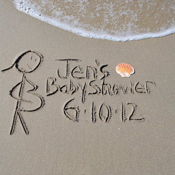 BABY-DUSCHE - Schwangere Stick Menschen geschrieben im Real Strand Sand, Sand Schrift, personalisiert .jpeg Download Printable DIY, Strand Schrift