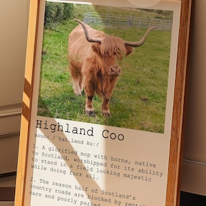 Divertente poster di mucca scozzese, stampa artistica da parete con mucca scozzese, decorazione con animali da fattoria con citazione, stampa tipografica sarcastica sul turismo Highland Coo.