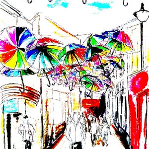 Stampa A4 di Kilkenny Street / Opera d'arte originale / Paesaggio irlandese / Ombrelli / Colori dell'arcobaleno / Contrasto elevato / Urbano / Retro / Vintage / Boho