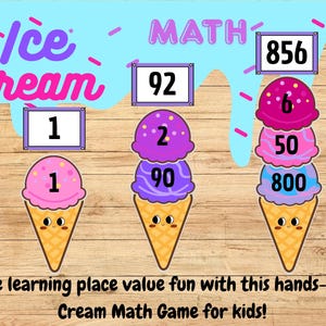 Puede incluir: Un juego de matemáticas educativo con temática de helado para niños. La imagen presenta tres conos de helado con bolas de diferentes colores, cada uno mostrando números. Las palabras "Ice Cream" y "Math" están en la parte superior, con el texto "Make learning place value fun..." en la parte inferior.