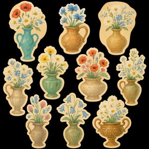 Lot de 10 stickers, vase fleuri dans un style vintage