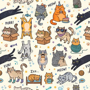 Motivo senza soluzione di continuità con gatti stravaganti, sfondo ripetuto con gatti carini, motivo di gatti stampabile, 5632x3072 px, 18,77x10,24", carta digitale 300 DPI