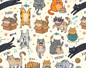 Quirky Cats Seamless Pattern, Cute Cats Repeating Background, Printable Cat Pattern, 5632x3072 px, 18.77x10.24", 300 DPI Digital Paper