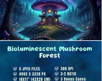 Bioluminescent Mushroom Forest, Glowing Mushroom Bundle, Digital Download, Commercial Use Clipart, Fairytale Illustration, Canva Frames