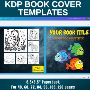 May include: A digital KDP book cover template with the text "KDP BOOK COVER TEMPLATES". The cover features a seahorse, crocodile, zebra, octopus, fish, and other sea creatures. The cover is 8.5x8.5 inches and is available for 48, 60, 72, 84, 96, 108, and 120 pages.