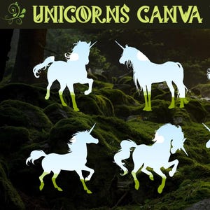 May include: Six white unicorn silhouettes against a dark green mossy background. The unicorns are in various poses, with their horns and manes visible. The text "UNICORNS CANVA FRAMES" is at the top of the image.