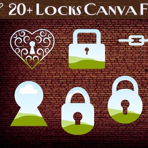 May include: A set of 20+ lock-themed Canva frames. The frames feature various lock designs, including a heart-shaped lock with a keyhole, a padlock with a chain, and a keyhole with a cloud and a landscape.