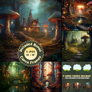 Mushroom Fairytale Forest Clipart, High Quality JPEG Digital Download, Commercial Use Clipart, Fairytale Illustration Bundle, Canva Frames