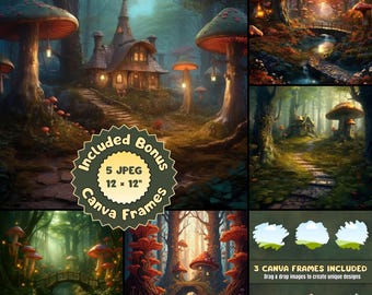 Mushroom Fairytale Forest Clipart, High Quality JPEG Digital Download, Commercial Use Clipart, Fairytale Illustration Bundle, Canva Frames