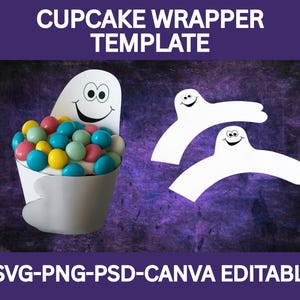 May include: A white cupcake wrapper template with a ghost-like design, filled with colorful candies. The image includes two additional ghost-shaped cutouts and the text "CUPCAKE WRAPPER TEMPLATE" and "SVG-PNG-PSD-CANVA EDITABLE".
