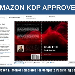May include: A digital mockup of a 6x9 inch book cover and interior template, with the text "AMAZON KDP APPROVED". The cover design features a red abstract design and placeholders for the book title, subtitle, and author. Includes a quality check section.
