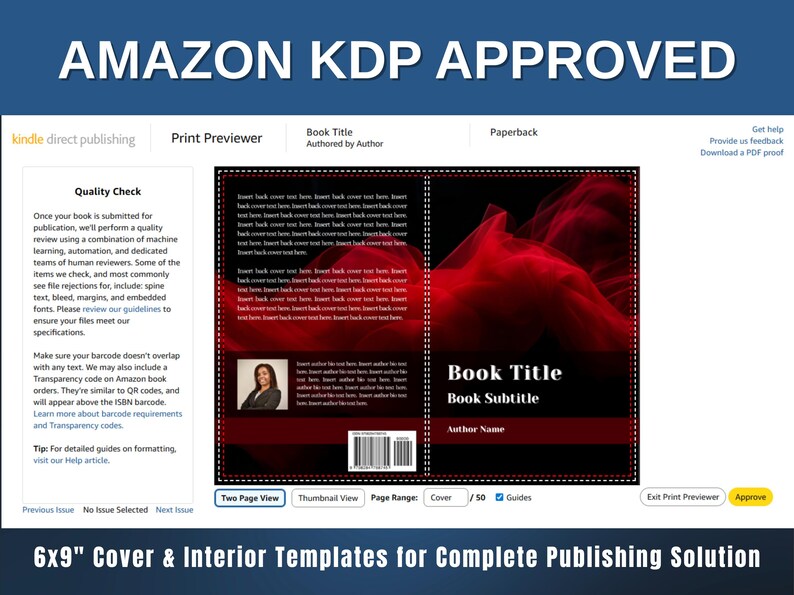 May include: A digital mockup of a 6x9 inch book cover and interior template, with the text "AMAZON KDP APPROVED". The cover design features a red abstract design and placeholders for the book title, subtitle, and author. Includes a quality check section.