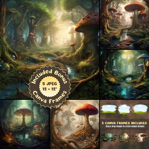Enchanted Mushroom Fairytale Forest, High Quality Digital Download, Commercial Use Clipart, Fairytale Illustration Bundle, Canva Frames