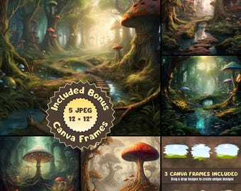 Enchanted Mushroom Fairytale Forest, High Quality Digital Download, Commercial Use Clipart, Fairytale Illustration Bundle, Canva Frames