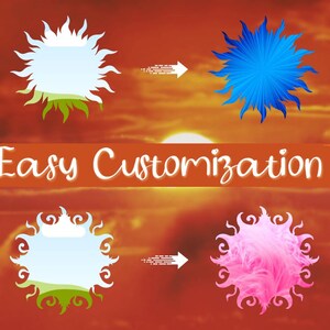 May include: An image with a sunset background and the words "Easy Customization" in white. The image shows a sun-like shape transforming from white to blue and pink, with arrows indicating the change.