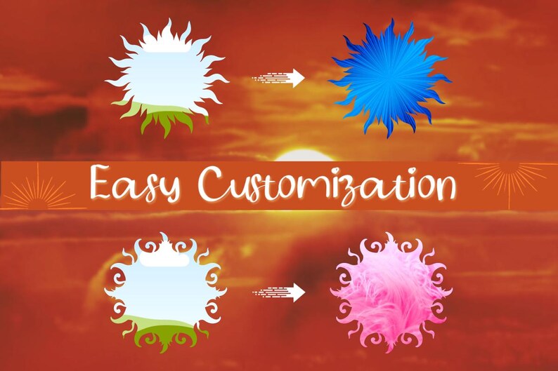 May include: An image with a sunset background and the words "Easy Customization" in white. The image shows a sun-like shape transforming from white to blue and pink, with arrows indicating the change.
