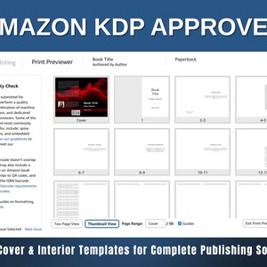 May include: A digital display showcasing Amazon KDP approved templates for book publishing. The screen displays a print previewer with options for cover and interior design, including a quality check section and a 6x9 inch template size.