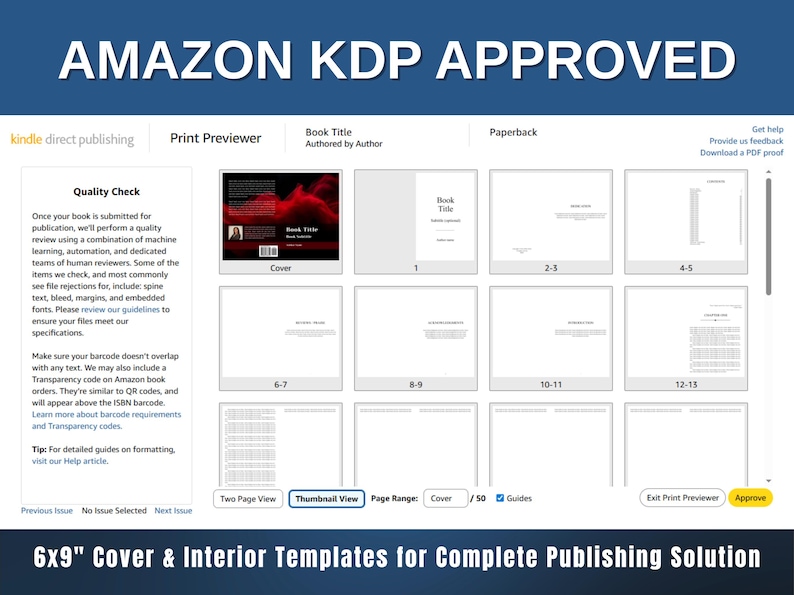 May include: A digital display showcasing Amazon KDP approved templates for book publishing. The screen displays a print previewer with options for cover and interior design, including a quality check section and a 6x9 inch template size.