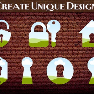 May include: A brick wall with nine different keyhole designs. The designs are all in shades of blue, green, and white. The designs include a house, a key, and a padlock.