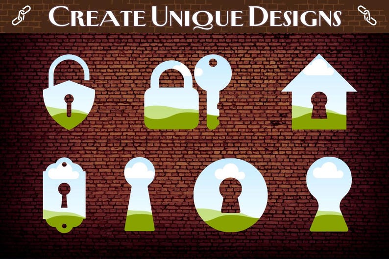 May include: A brick wall with nine different keyhole designs. The designs are all in shades of blue, green, and white. The designs include a house, a key, and a padlock.