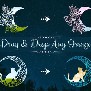 May include: Two images showing how to use a digital design template. The first image shows a crescent moon with a butterfly and floral design in green and white. The second image shows the same design with a cat silhouette in the moon.