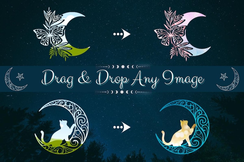 May include: Two images showing how to use a digital design template. The first image shows a crescent moon with a butterfly and floral design in green and white. The second image shows the same design with a cat silhouette in the moon.