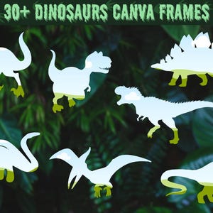 Può includere: Un set di oltre 30 cornici con silhouette di dinosauri per Canva. Le cornici sono bianche con uno sfondo di cielo blu ed erba verde. I dinosauri includono uno stegosauro, un brachiosauro, un pterodattilo e un velociraptor.