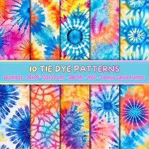 May include: Ten vibrant tie-dye patterns in a variety of colors, including blue, orange, yellow, and pink. Each pattern is a seamless 20x20 inch design. The image also includes the text "10 TIE DYE PATTERNS" and other details.