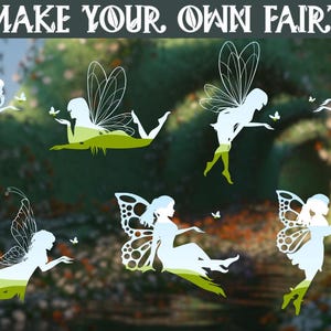 May include: A set of six white silhouette fairy stencils with wings and a whimsical design. The stencils are perfect for crafting and decorating.