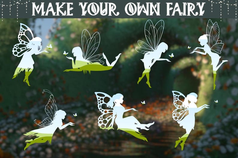 May include: A set of six white silhouette fairy stencils with wings and a whimsical design. The stencils are perfect for crafting and decorating.
