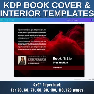 May include: A digital template for a 15.24 x 22.86 cm paperback book cover and interior pages. The design features a red and black abstract background with text placeholders for the book title, subtitle, and author. The template is available for books with 50 to 120 pages.