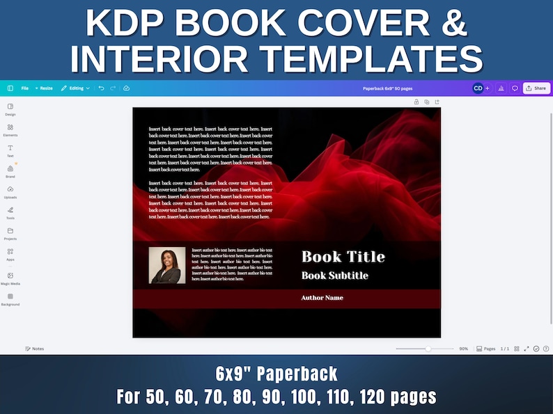 May include: A digital template for a 6x9 inch paperback book cover and interior pages. The design features a red and black abstract background with text placeholders for the book title, subtitle, and author. The template is available for books with 50 to 120 pages.