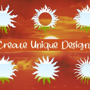 May include: A collection of white sunburst designs with a blue and green center, set against a vibrant orange and red sunset background. The phrase "Create Unique Designs" is displayed on an orange banner.