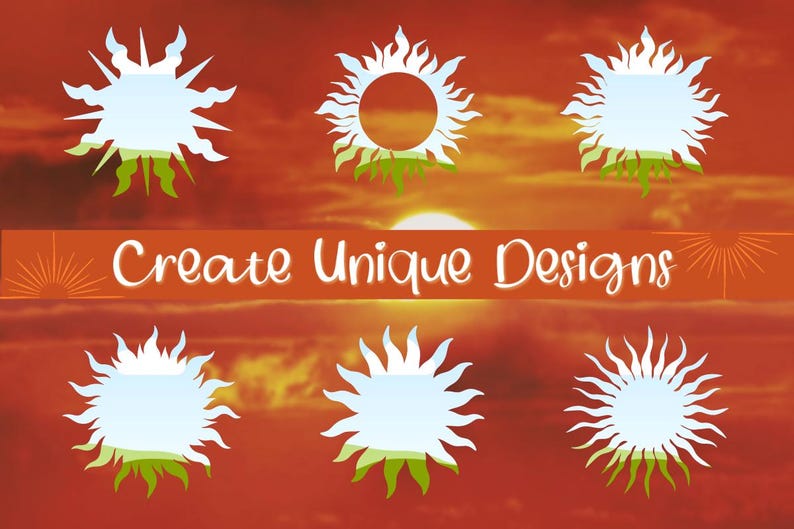 May include: A collection of white sunburst designs with a blue and green center, set against a vibrant orange and red sunset background. The phrase "Create Unique Designs" is displayed on an orange banner.