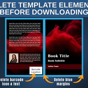 May include: A book template with a red and black design. The left side has placeholder text and a photo. The right side displays "Book Title," "Book Subtitle," and "Author Name." The image includes instructions to delete elements.