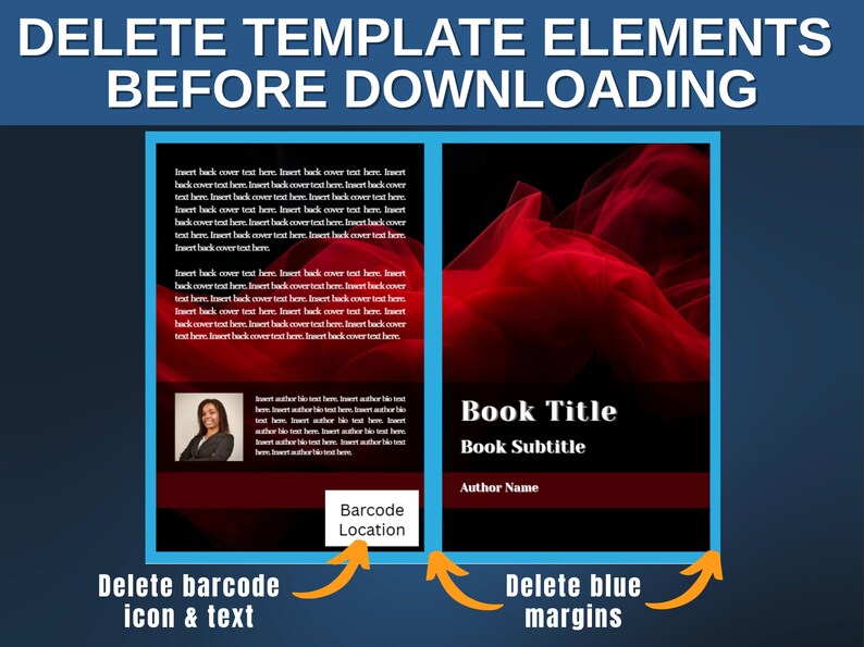 May include: A book template with a red and black design. The left side has placeholder text and a photo. The right side displays "Book Title," "Book Subtitle," and "Author Name." The image includes instructions to delete elements.