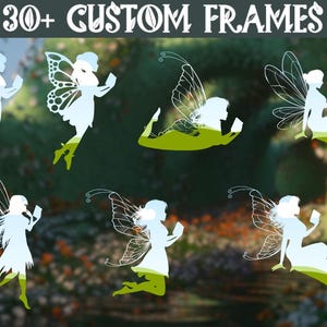 May include: 30+ Custom Frames featuring fairy silhouettes reading books. The fairies are white against a green and white background.