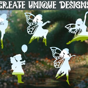 May include: Five white silhouette designs of fairies with wings. The fairies are in various poses, including flying, holding a balloon, and standing with wings spread. The background is a blurred image of a garden with green foliage and white flowers.