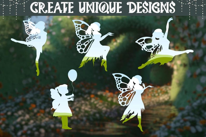 May include: Five white silhouette designs of fairies with wings. The fairies are in various poses, including flying, holding a balloon, and standing with wings spread. The background is a blurred image of a garden with green foliage and white flowers.