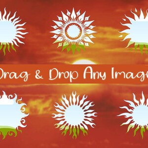 May include: Six white sun designs with various styles and green accents are displayed against a sunset background. The text "Drag & Drop Any Image" is written across the center in white. The overall theme is related to design elements.