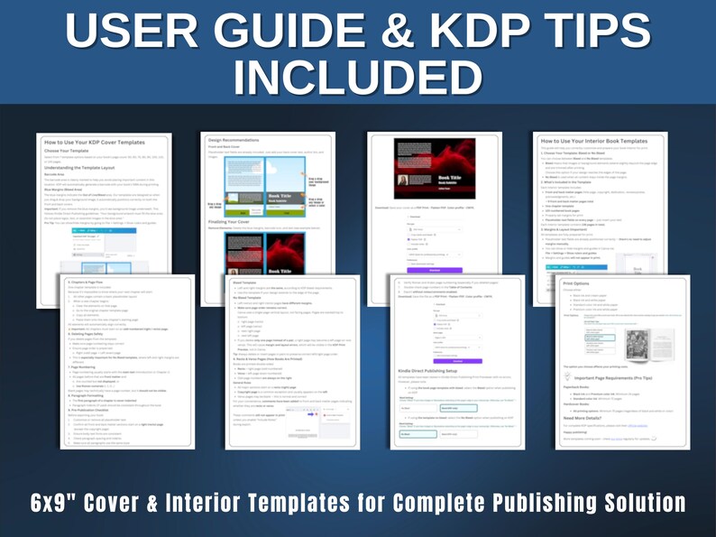 May include: A dark blue graphic with the text "USER GUIDE & KDP TIPS INCLUDED" at the top. Below are several white pages with text and images. The bottom of the graphic reads "6x9" Cover & Interior Templates for Complete Publishing Solution."