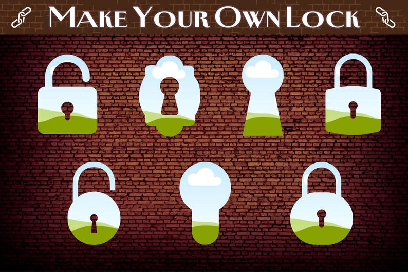 May include: A brick wall with a variety of lock and key designs. The designs feature a blue sky, white clouds, and green grass. The text "MAKE YOUR OWN LOCK" is at the top of the image.